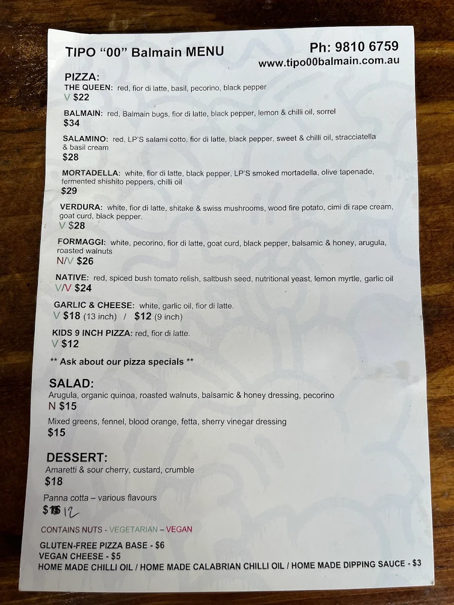 Menu, Tipo 00 Balmain