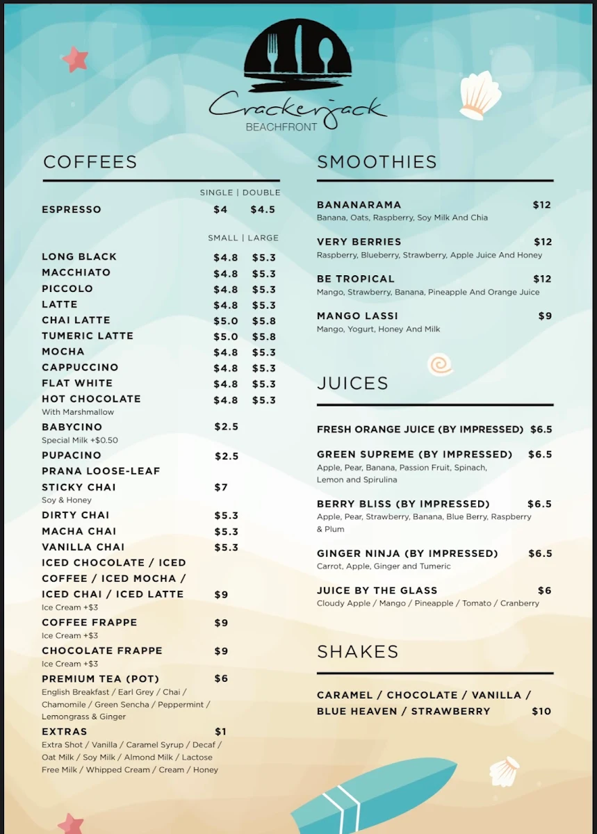 Menu, Crackerjack Beachfront Restaurant