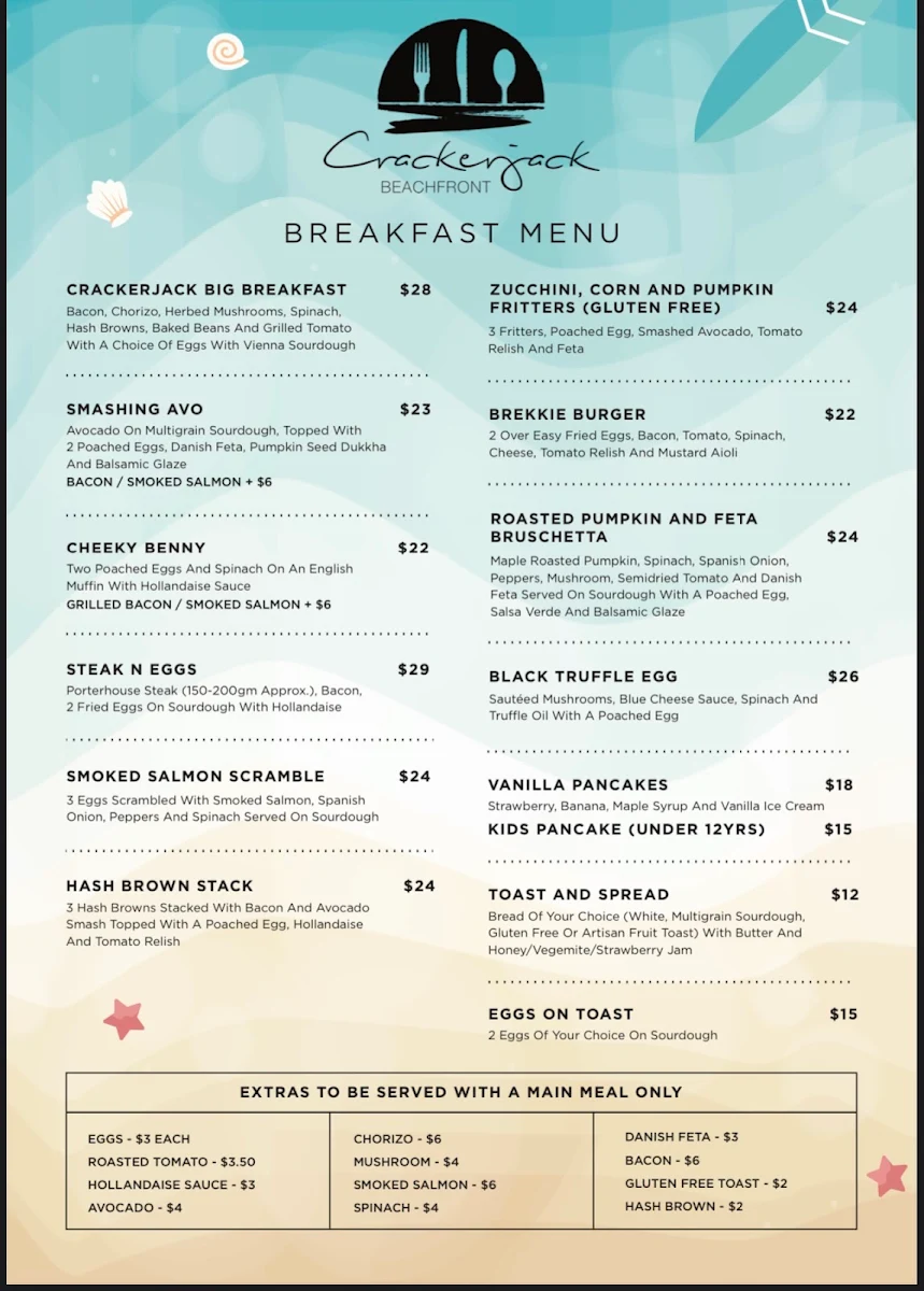 Menu, Crackerjack Beachfront Restaurant
