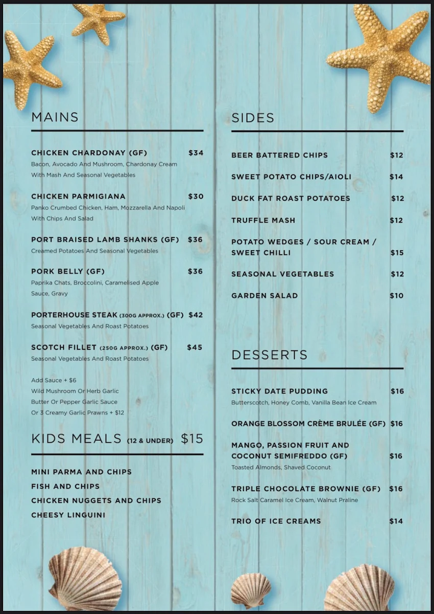 Menu, Crackerjack Beachfront Restaurant