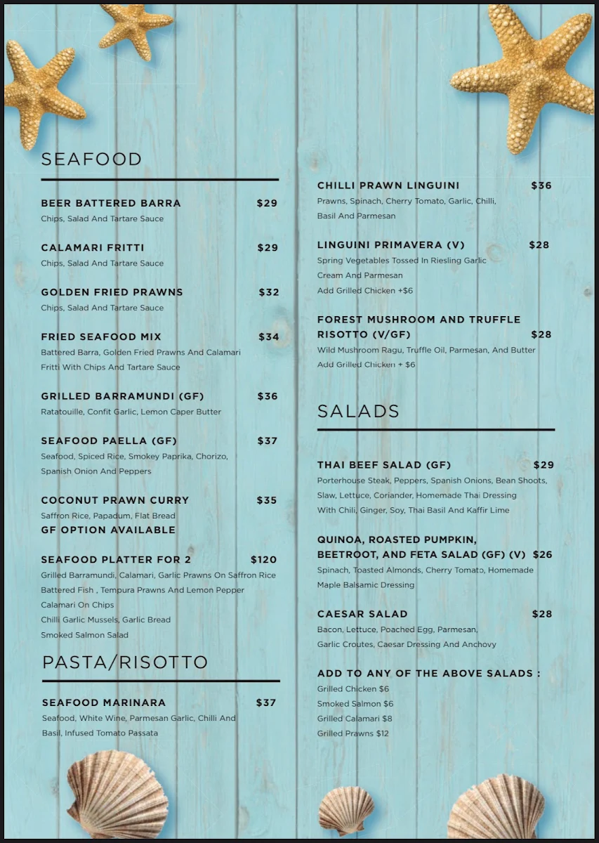 Menu, Crackerjack Beachfront Restaurant