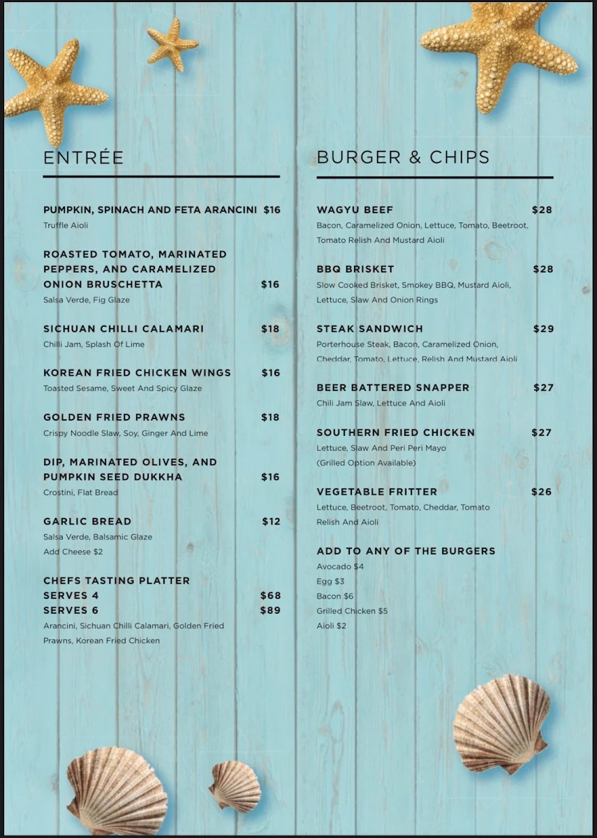 Menu, Crackerjack Beachfront Restaurant