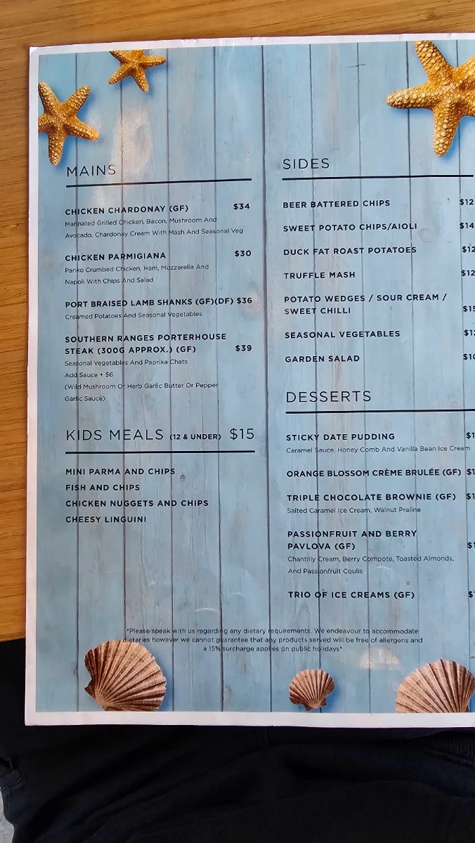 Menu, Crackerjack Beachfront Restaurant