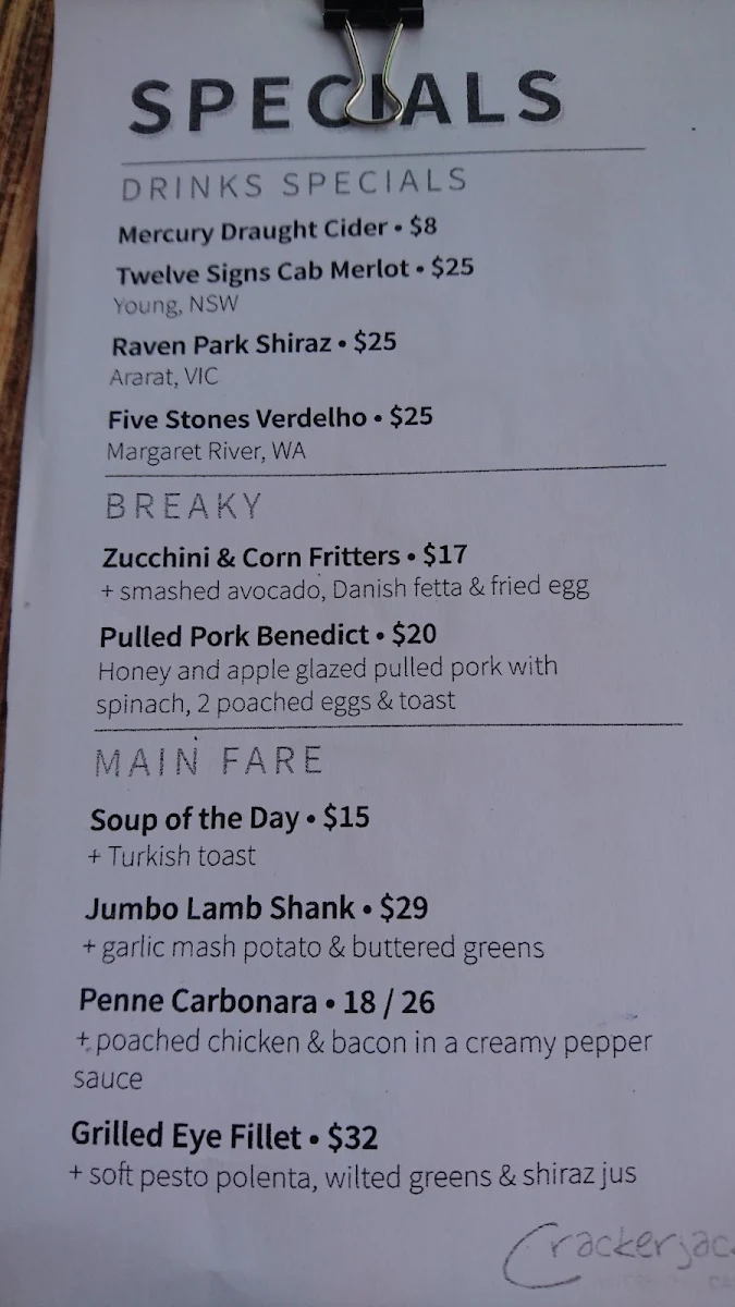 Menu, Crackerjack Beachfront Restaurant