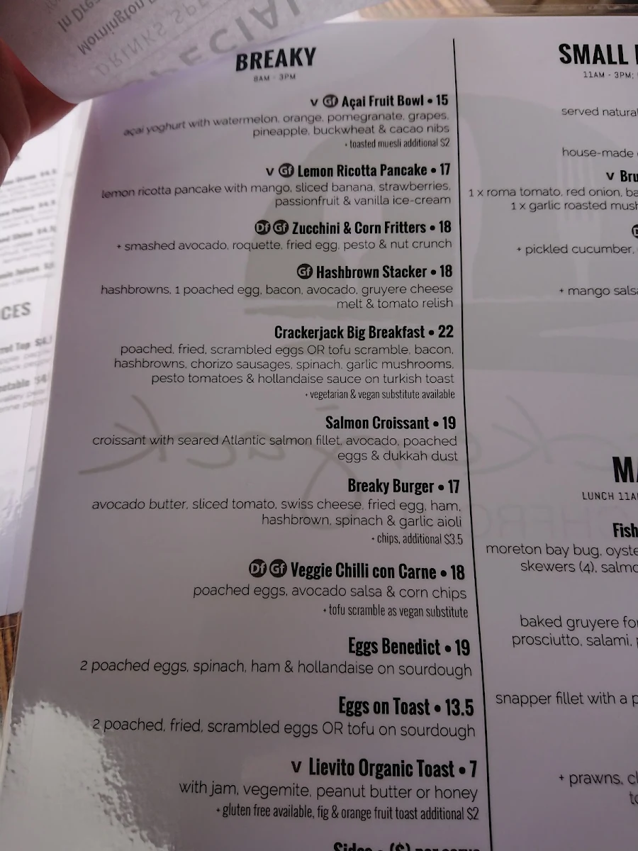 Menu, Crackerjack Beachfront Restaurant