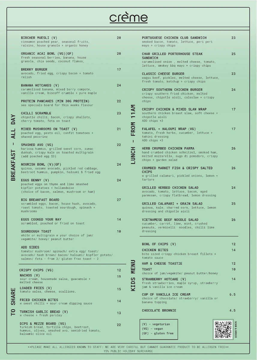 Menu, Creme Port Melbourne