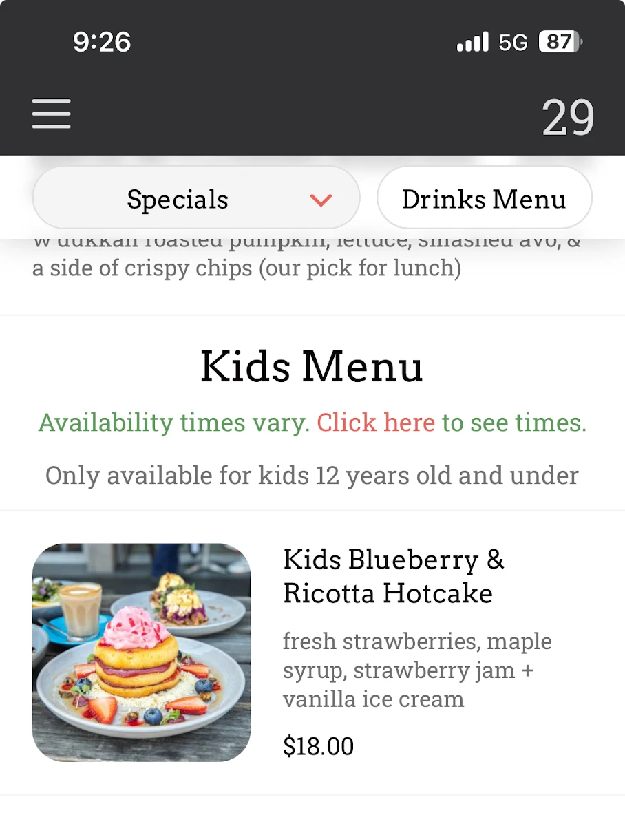 Menu, Creme Port Melbourne