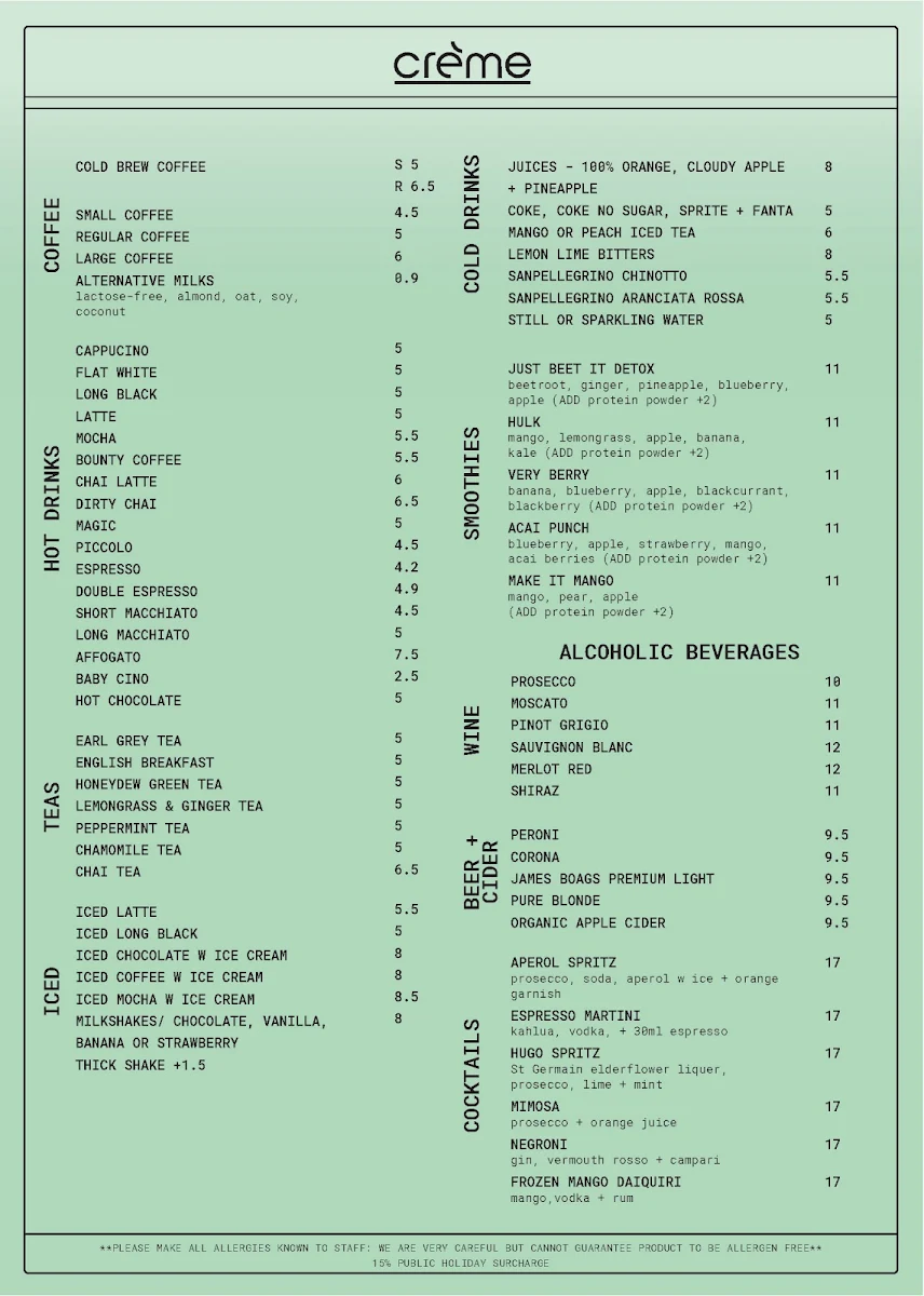 Menu, Creme Port Melbourne
