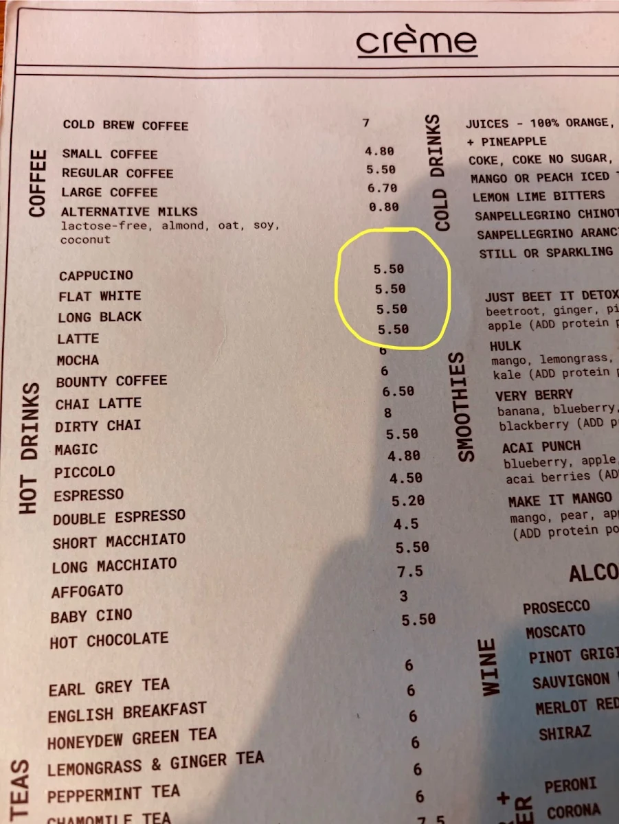 Menu, Creme Port Melbourne