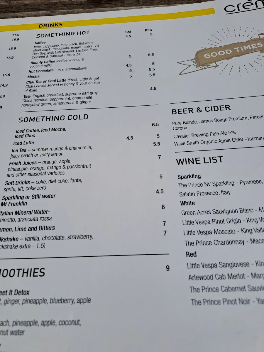 Menu, Creme Port Melbourne