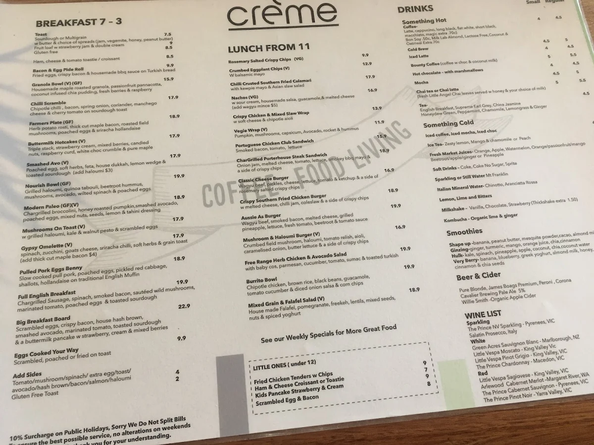 Menu, Creme Port Melbourne