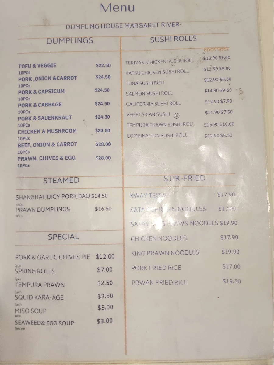 Menu, Dumpling House Margaret River