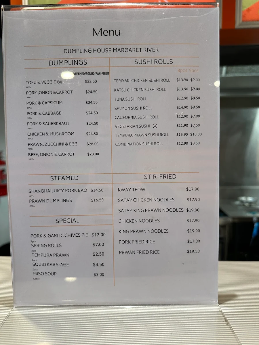 Menu, Dumpling House Margaret River