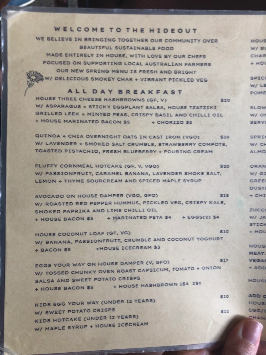 Menu, The Hideout Coffee House