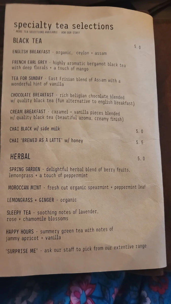 Menu, The Hideout Coffee House