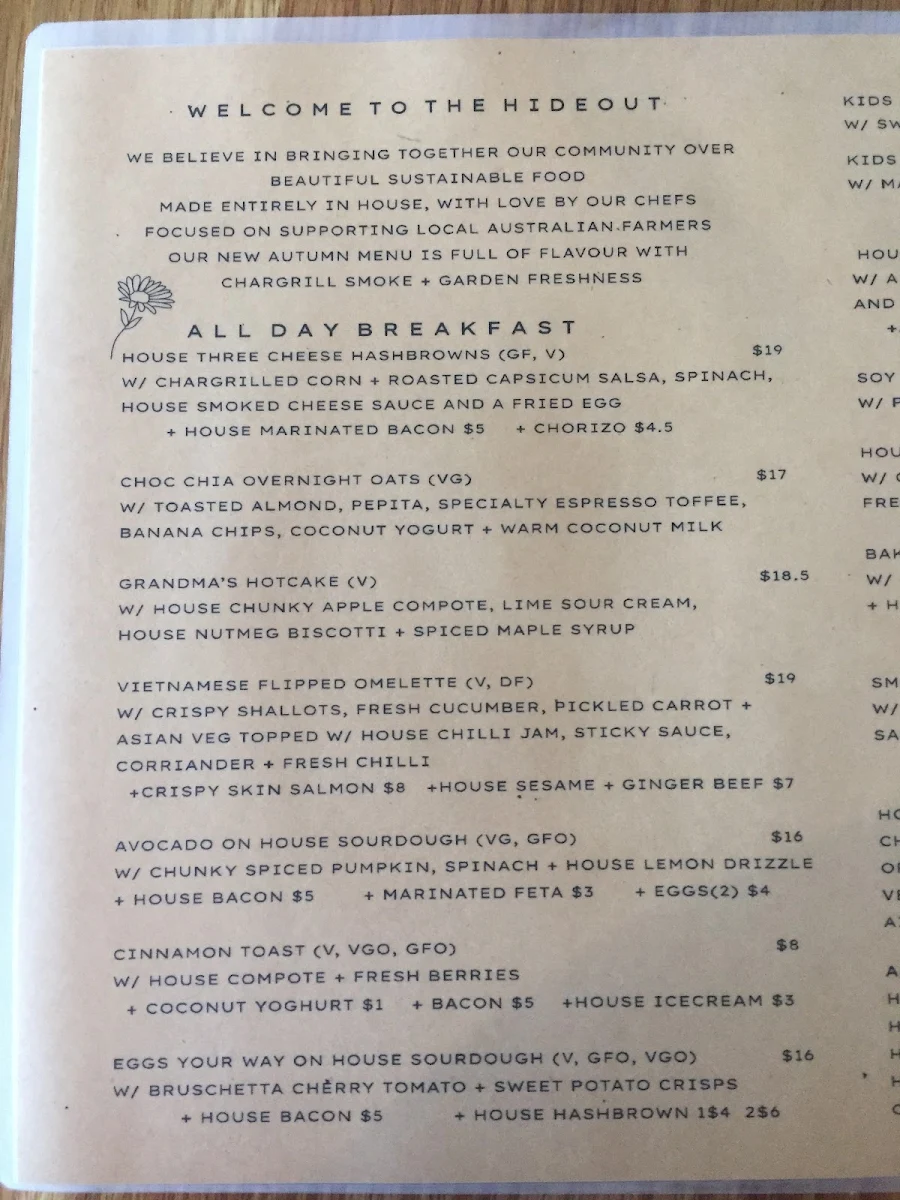 Menu, The Hideout Coffee House