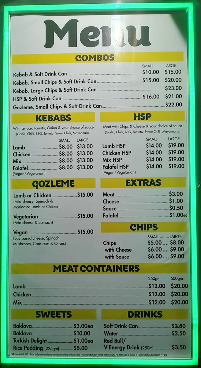 Menu, Kebabalab