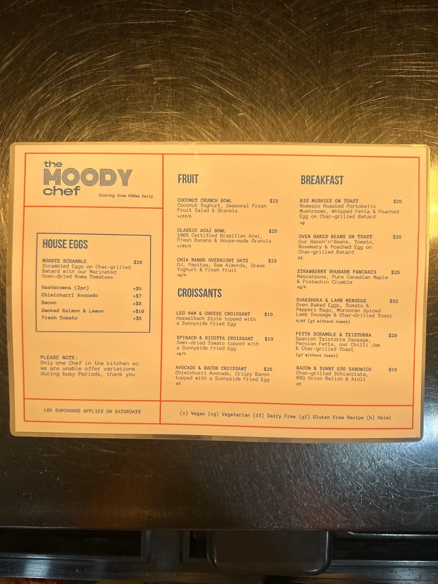 Menu, The Moody Chef