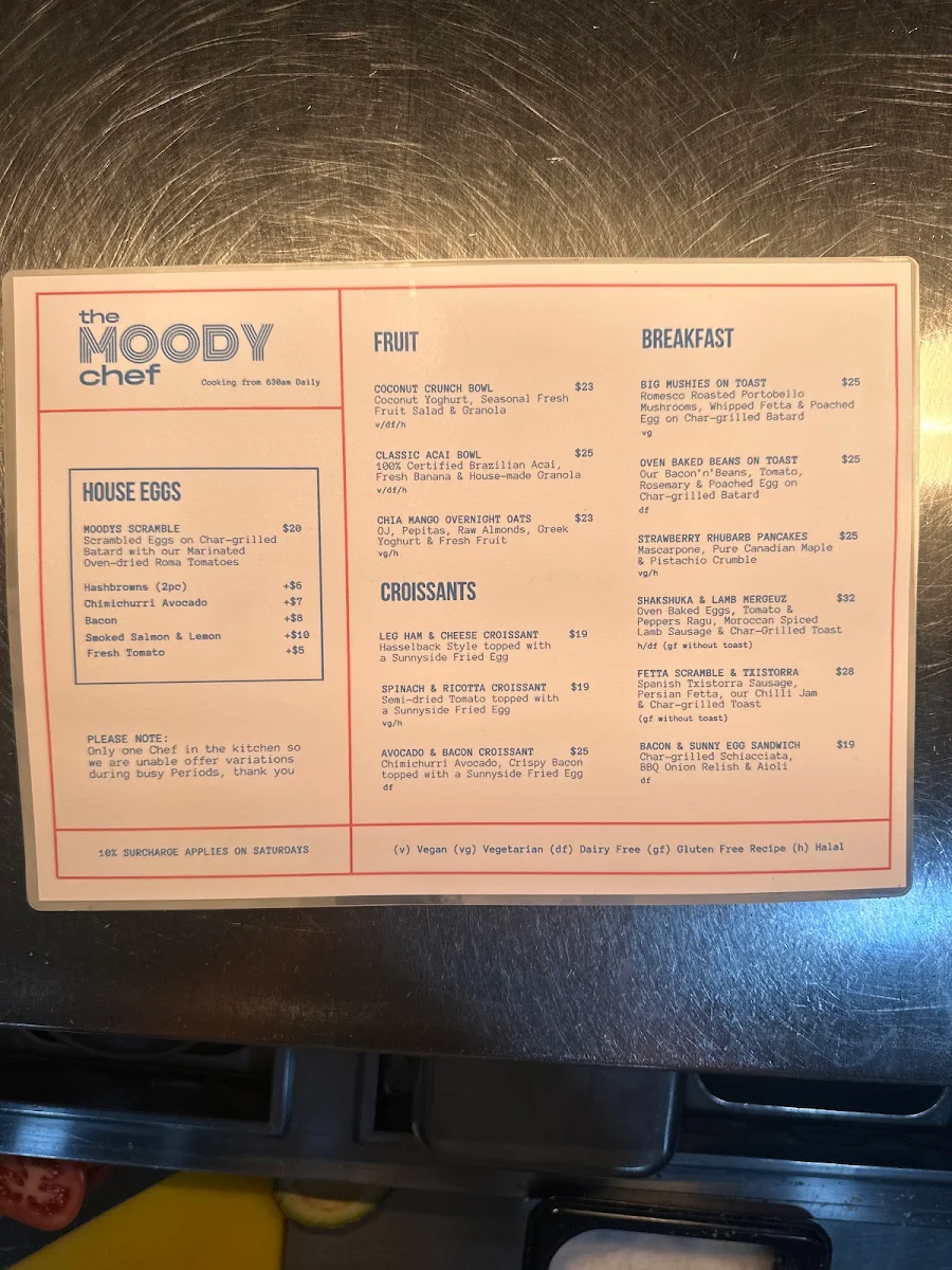 Menu, The Moody Chef