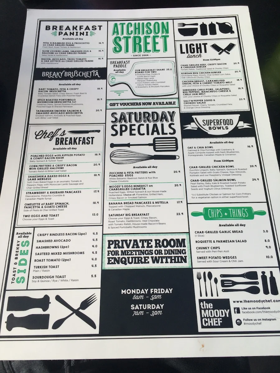 Menu, The Moody Chef
