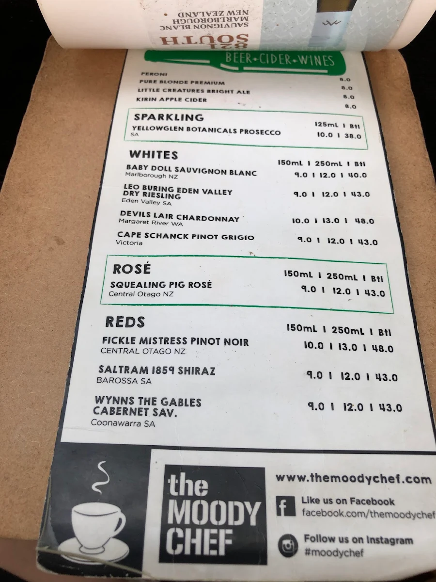 Menu, The Moody Chef