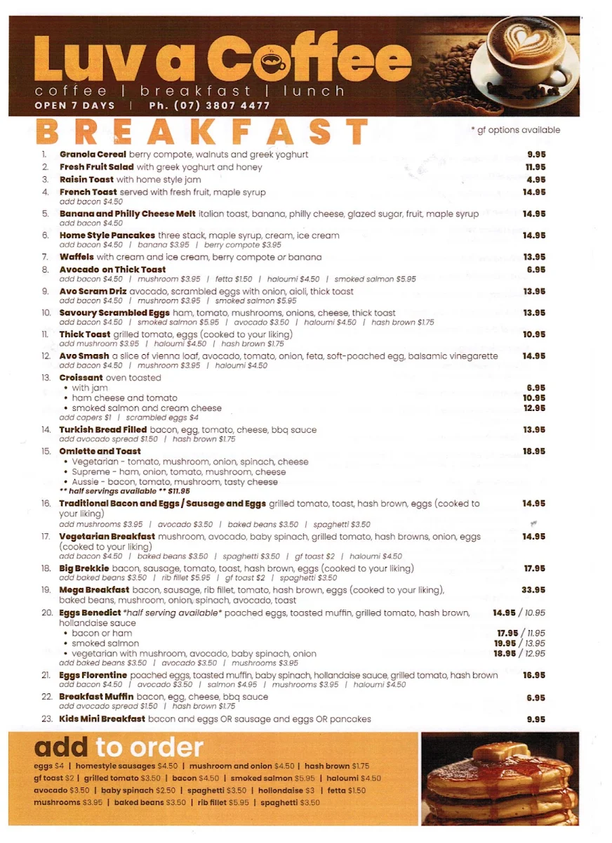 Menu, Luv a Coffee Beenleigh