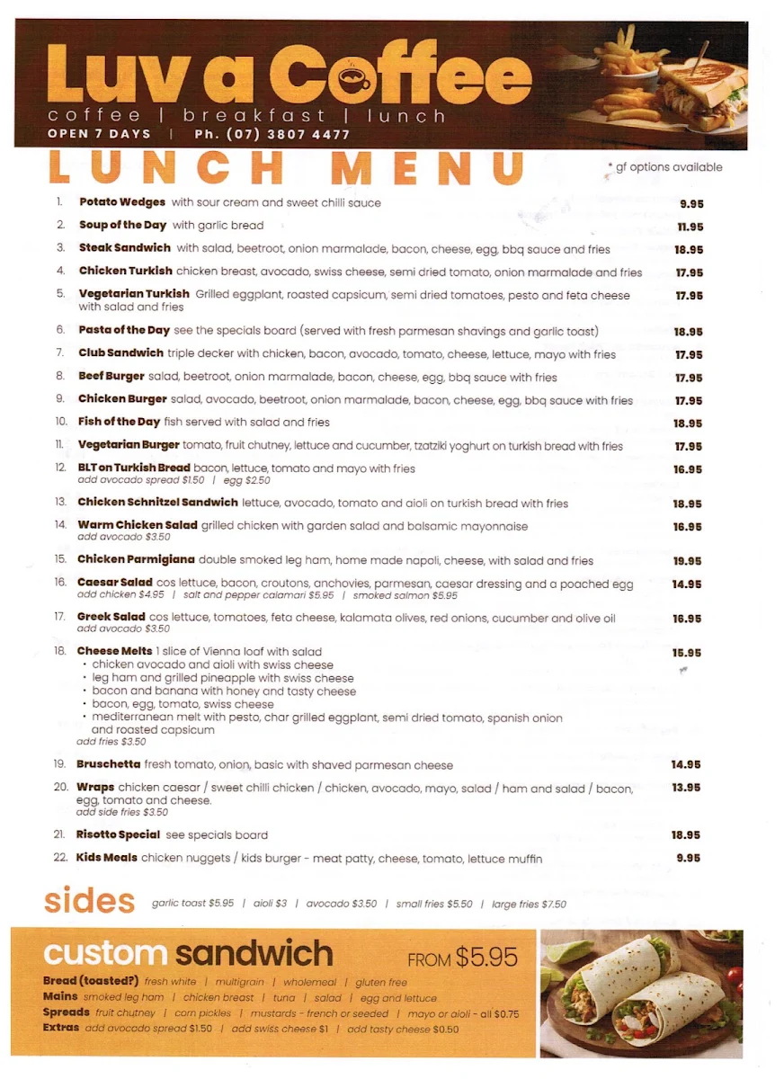 Menu, Luv a Coffee Beenleigh