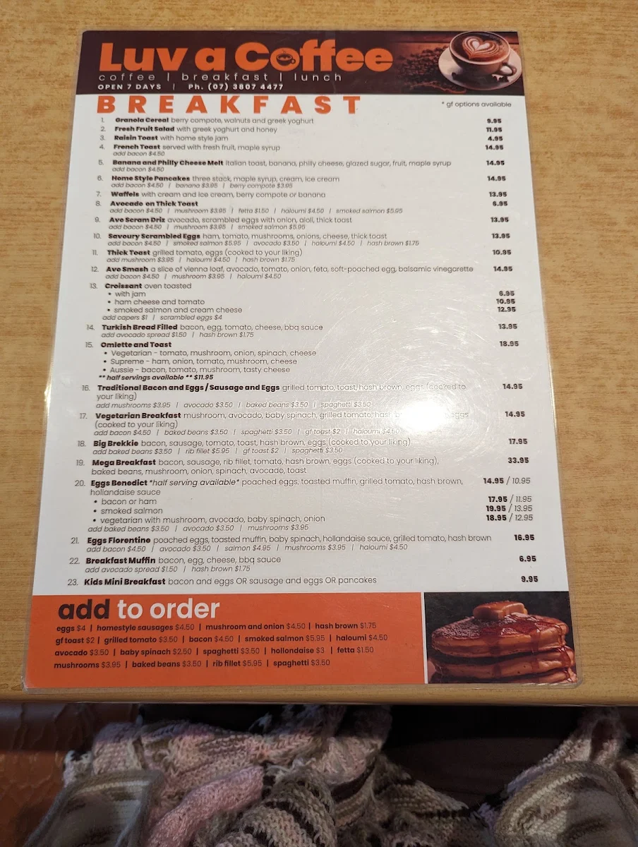 Menu, Luv a Coffee Beenleigh