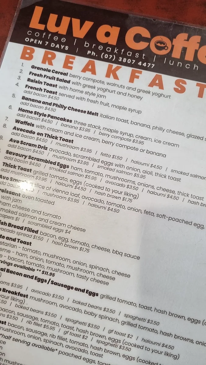 Menu, Luv a Coffee Beenleigh