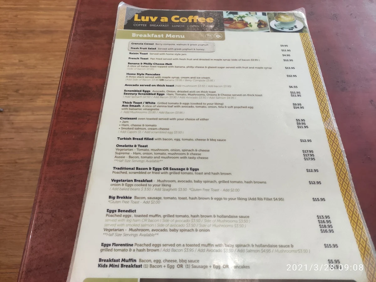 Menu, Luv a Coffee Beenleigh