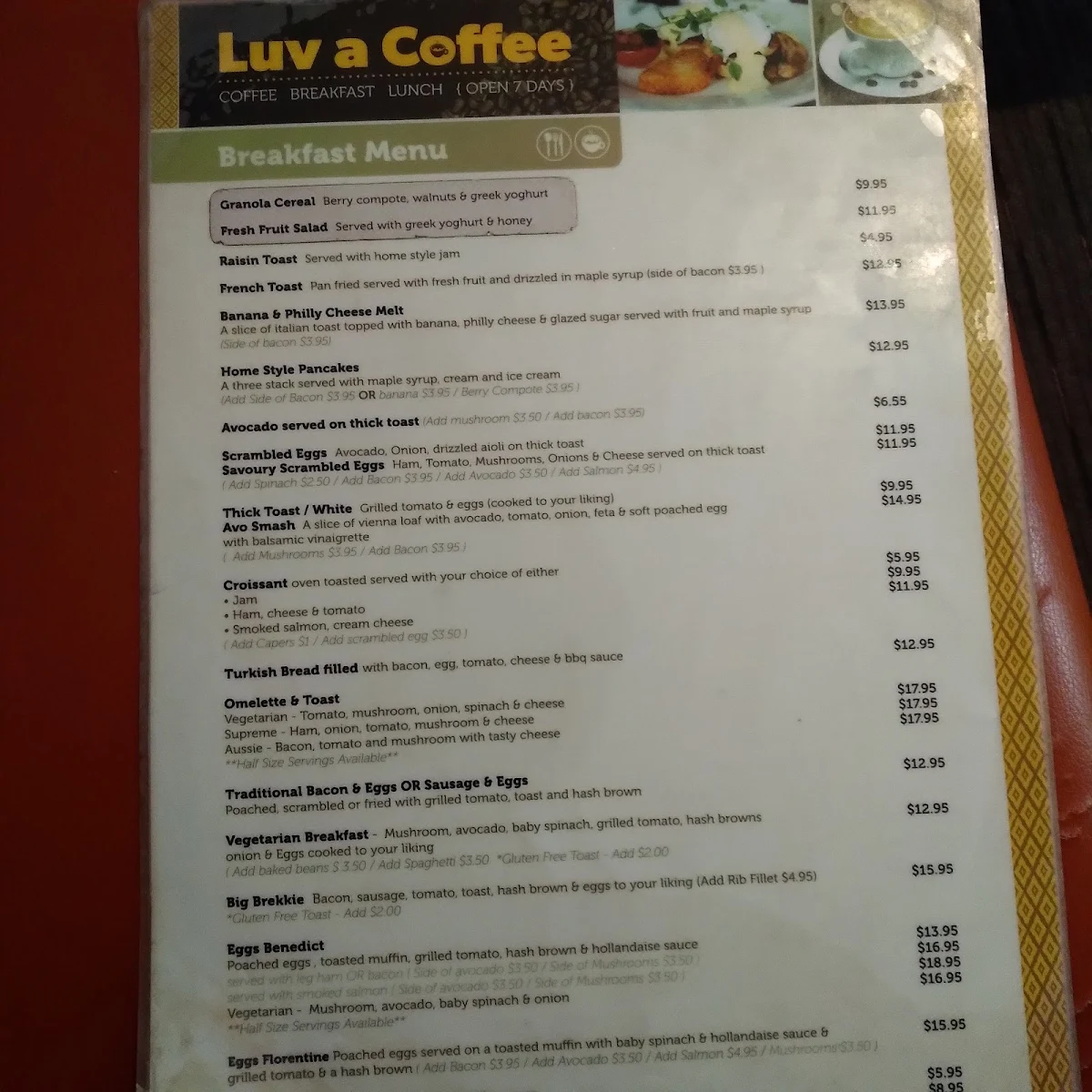 Menu, Luv a Coffee Beenleigh