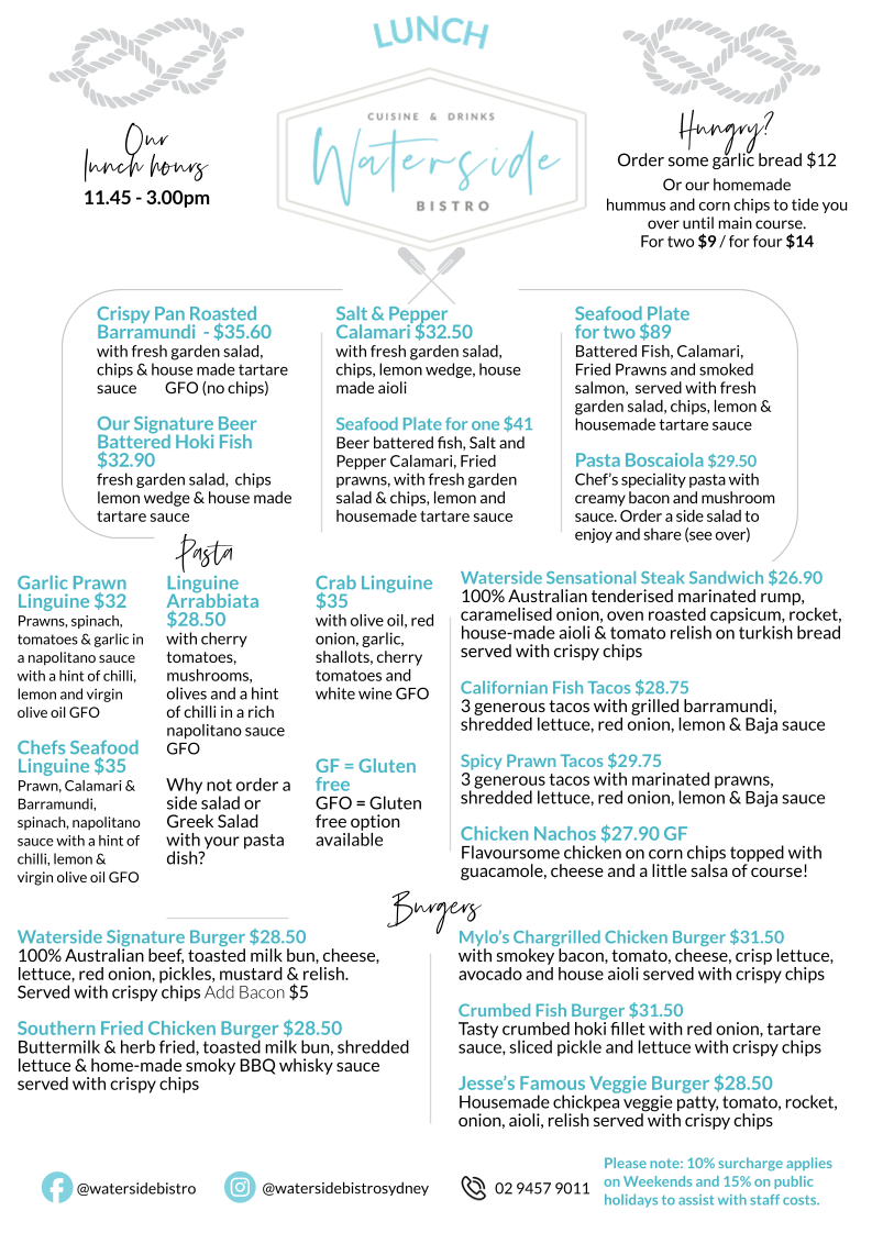 Menu, Waterside Bistro - waterfront cafe