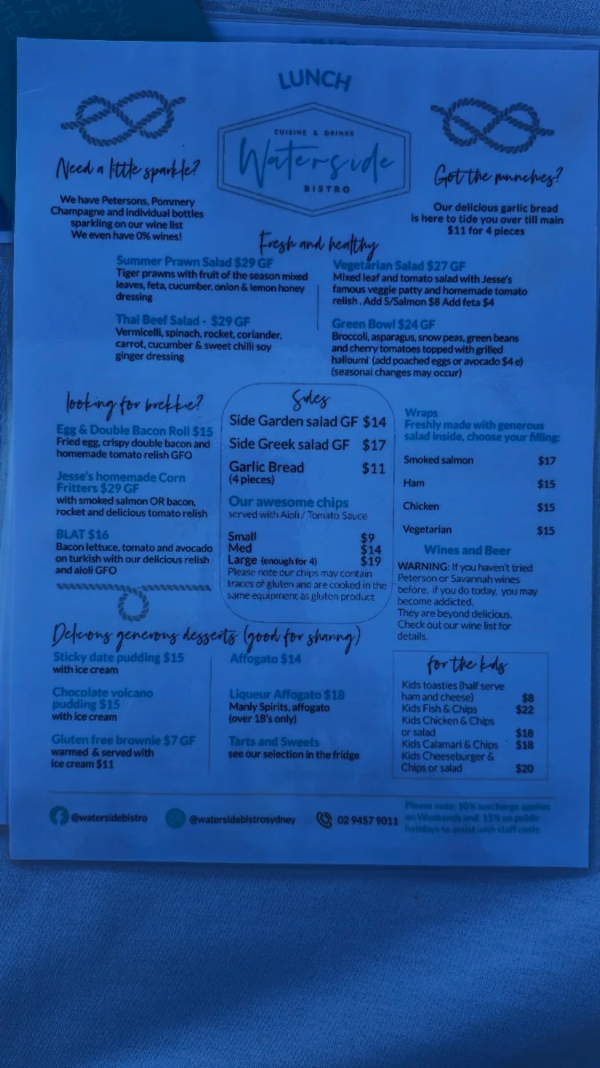 Menu, Waterside Bistro - waterfront cafe