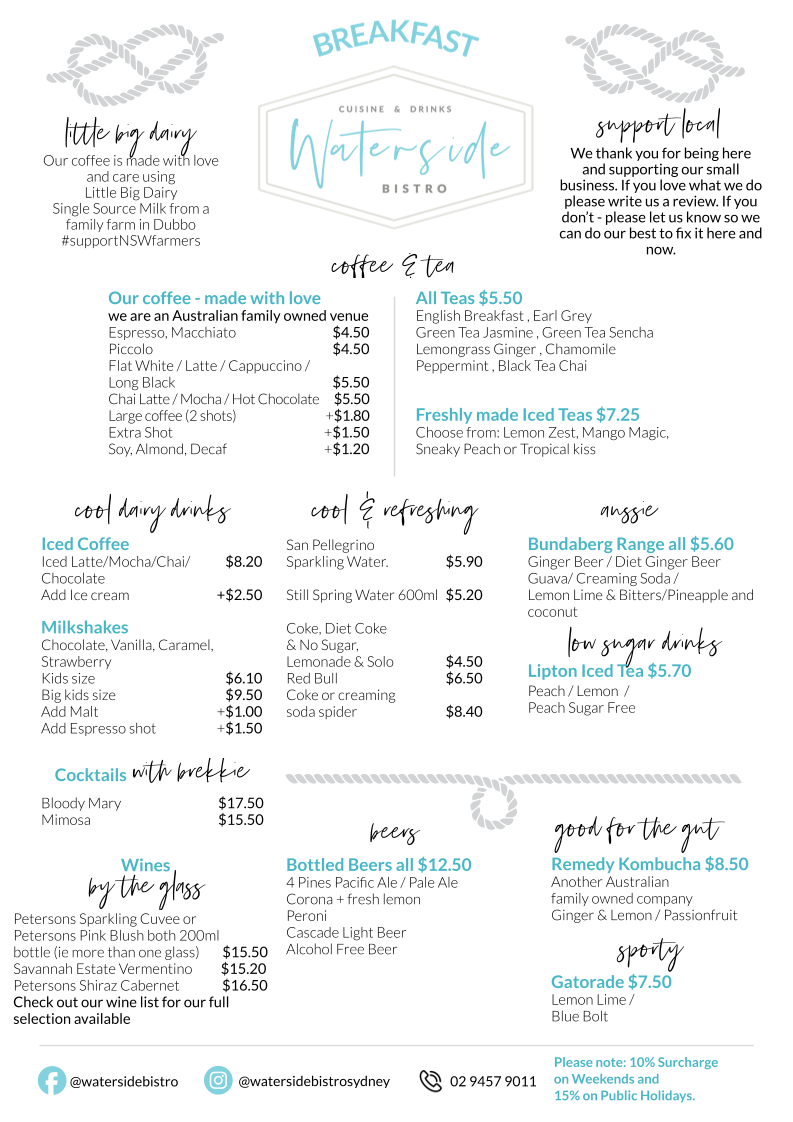 Menu, Waterside Bistro - waterfront cafe