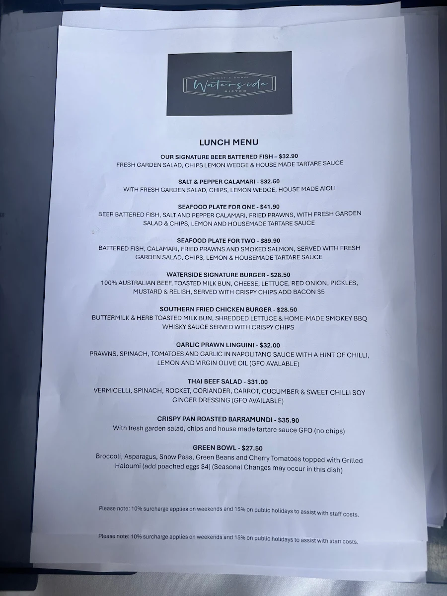 Menu, Waterside Bistro - waterfront cafe