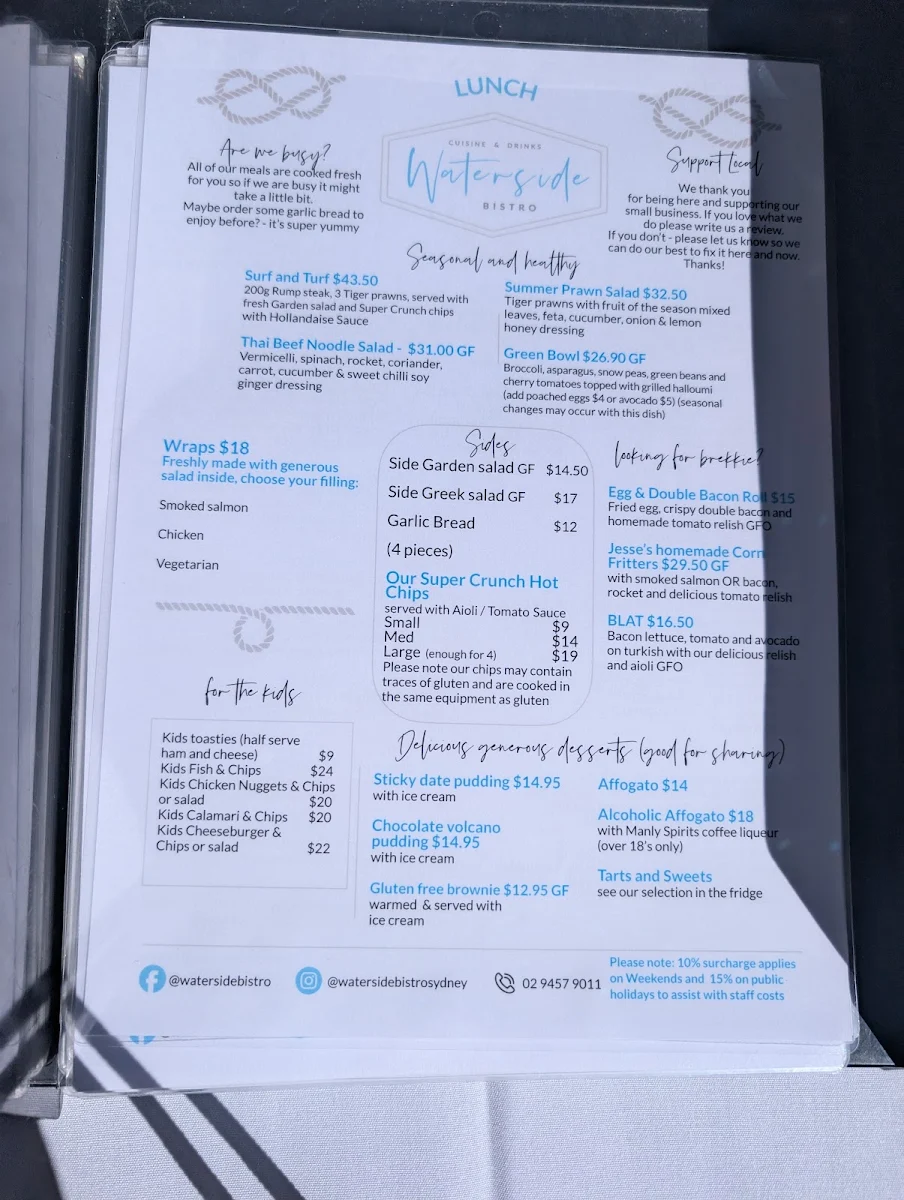 Menu, Waterside Bistro - waterfront cafe