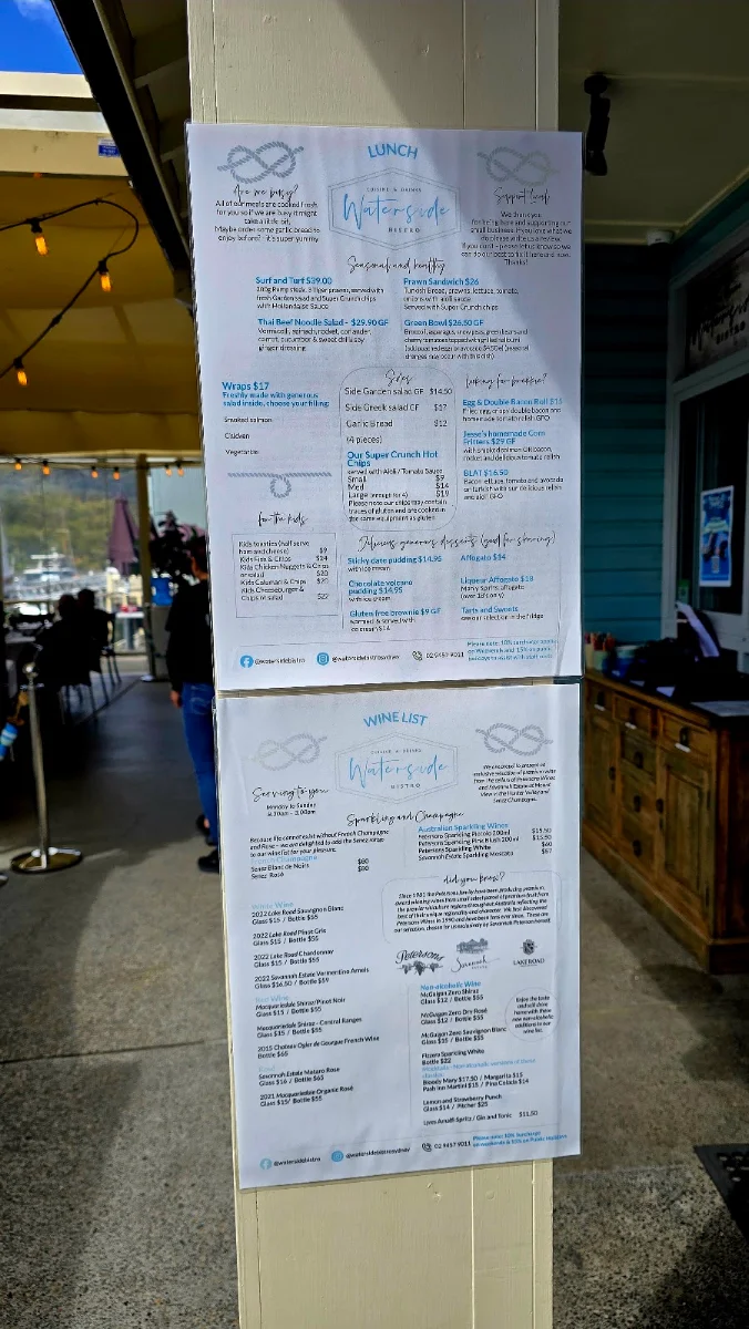 Menu, Waterside Bistro - waterfront cafe