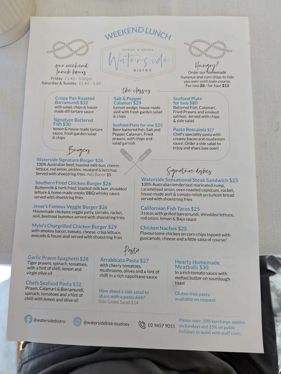 Menu, Waterside Bistro - waterfront cafe