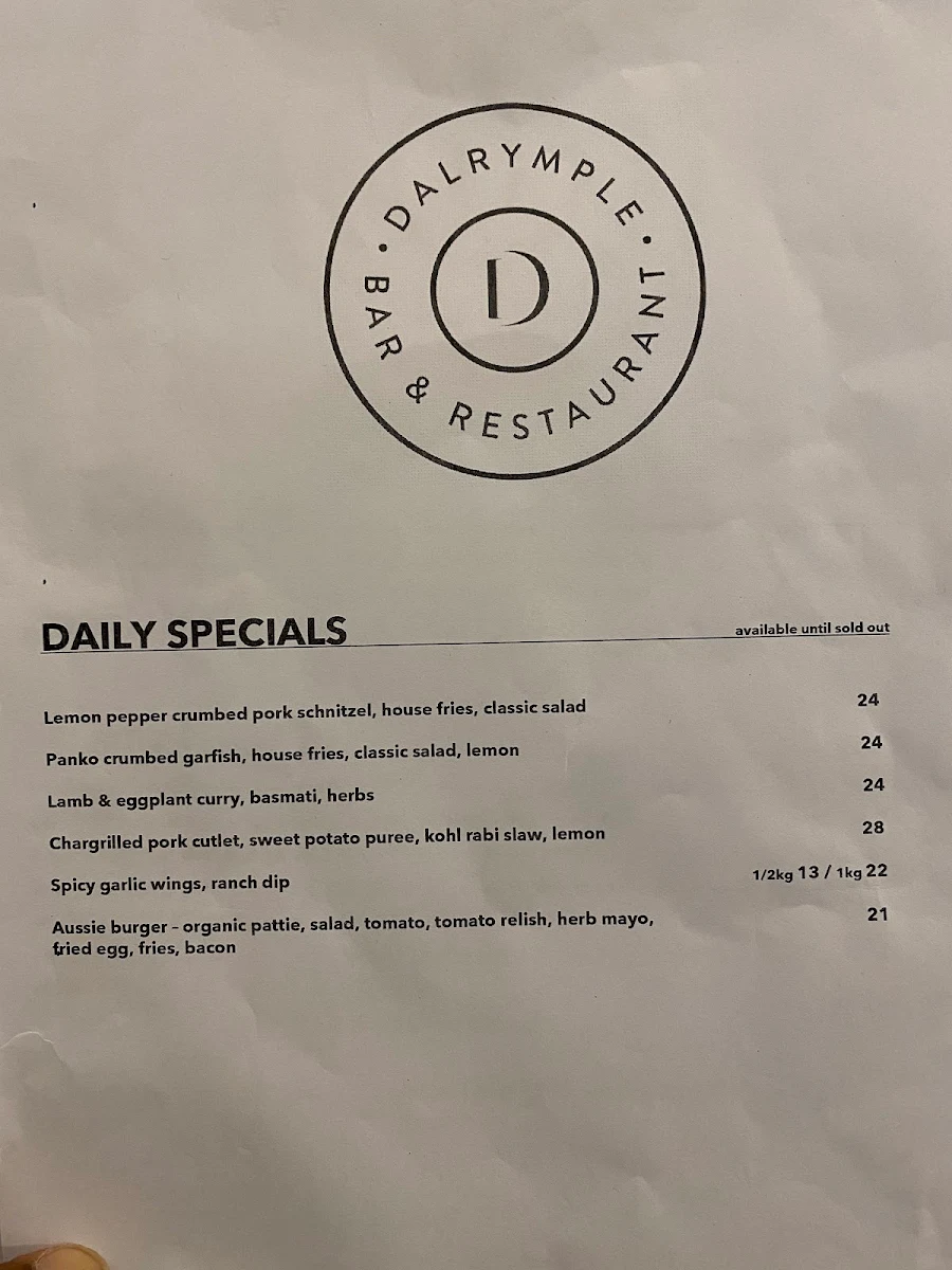 Menu, Dalrymple Hotel, Stansbury