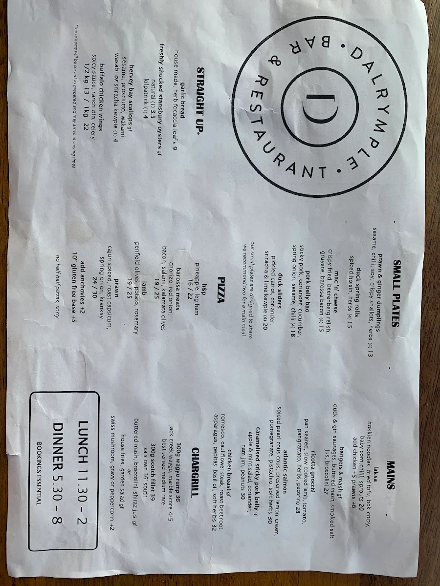Menu, Dalrymple Hotel, Stansbury