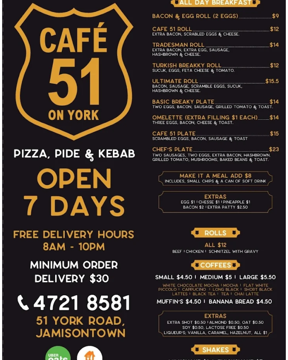 Menu, Café 51