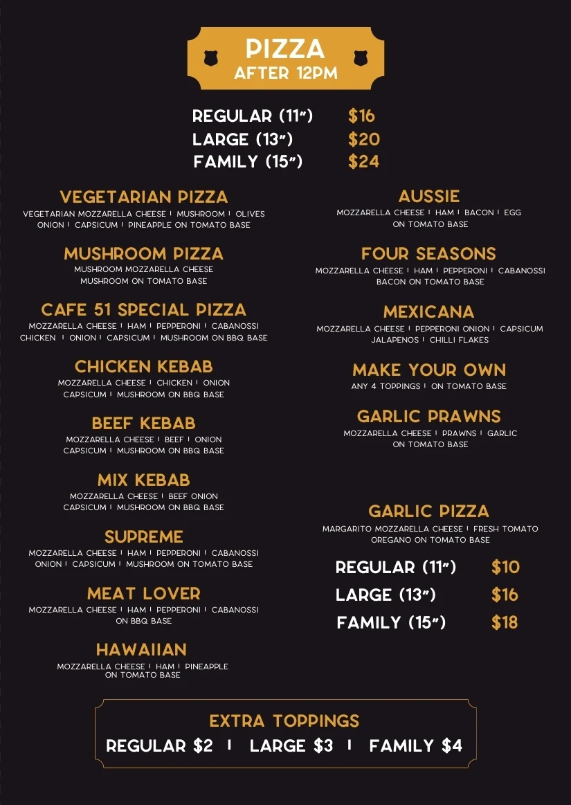Menu, Café 51