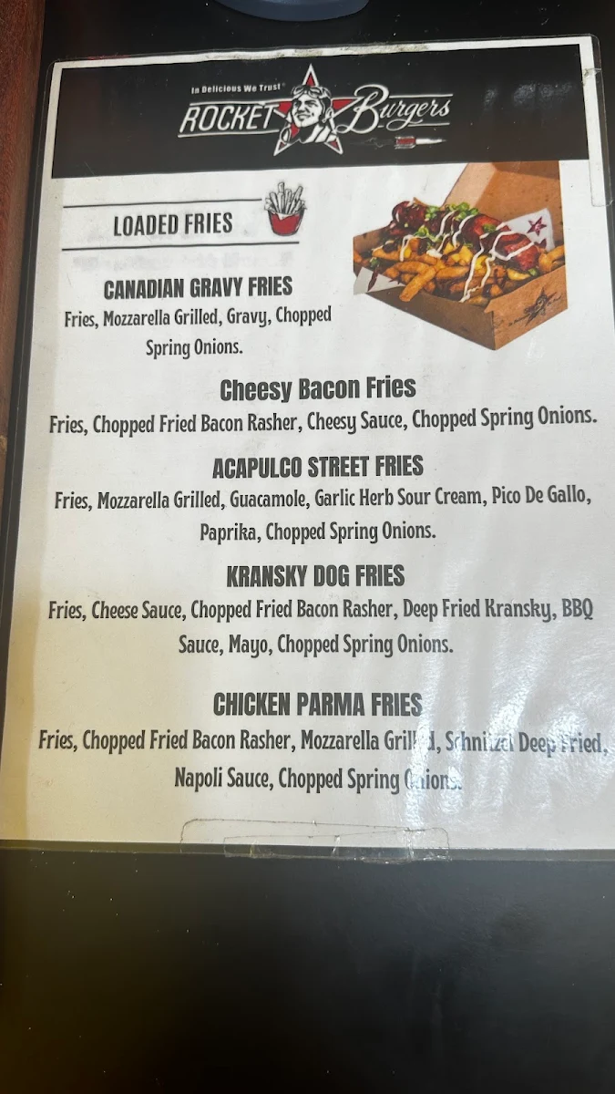Menu, Rocket Burgers & Fries Traralgon