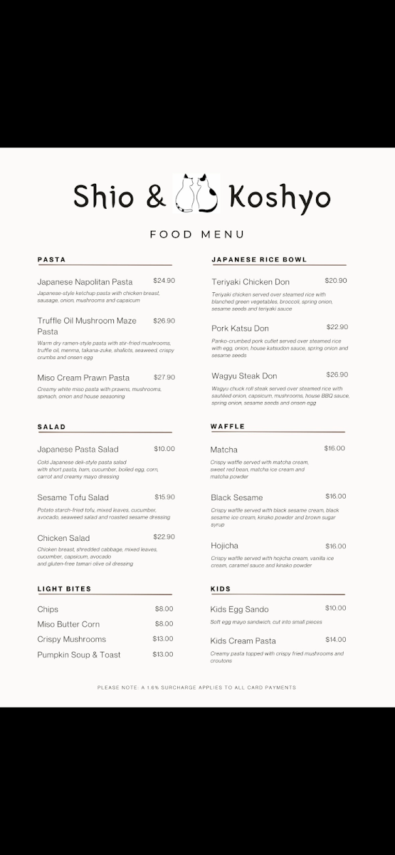 Menu, Cafe Shio&Koshyo