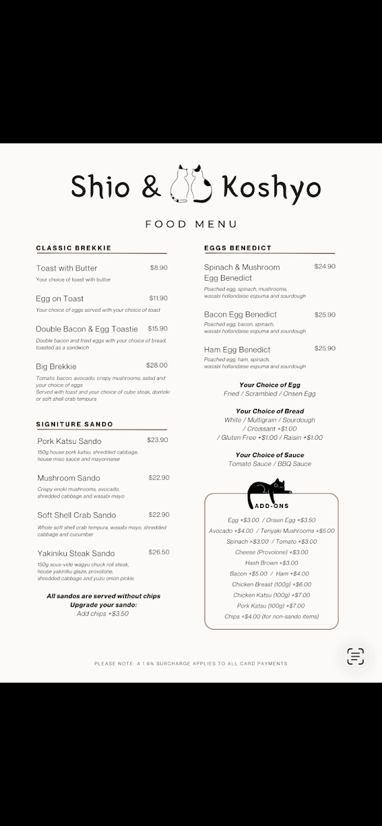 Menu, Cafe Shio&Koshyo