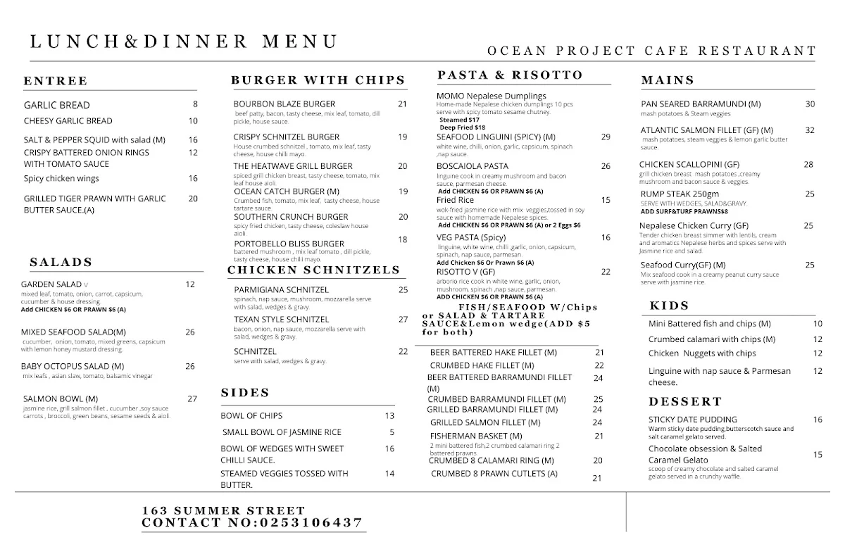 Menu, Ocean Project Café Restaurant
