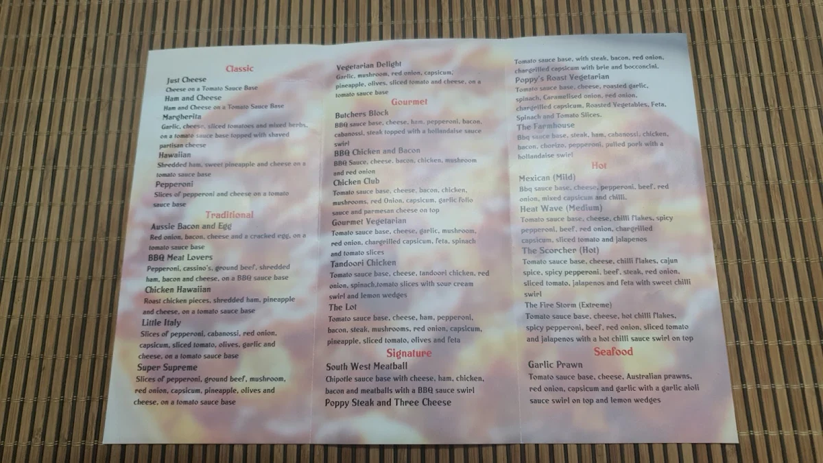 Menu, Poppy's Pizza Place