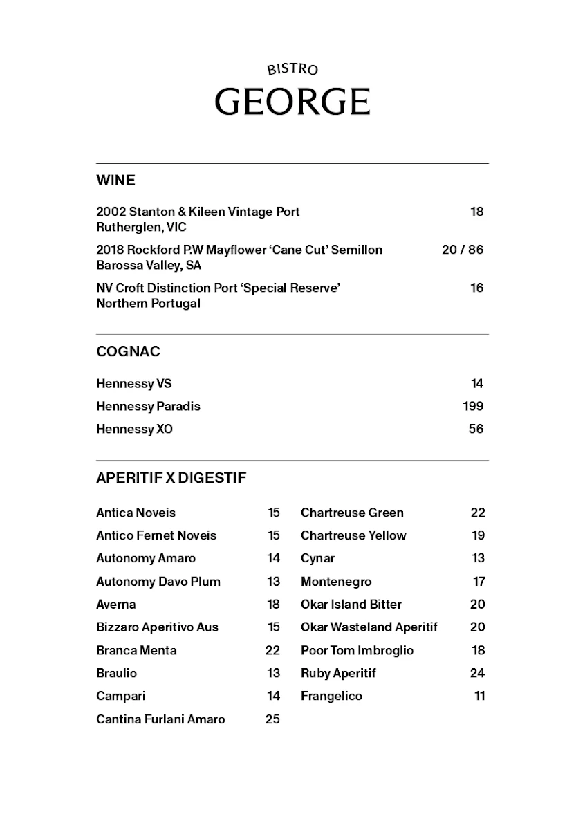 Menu, Bistro George