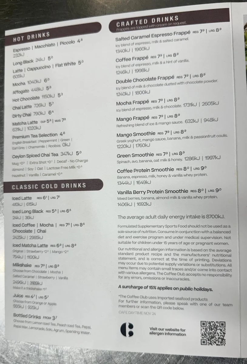 Menu, The Coffee Club - Centro Nepean