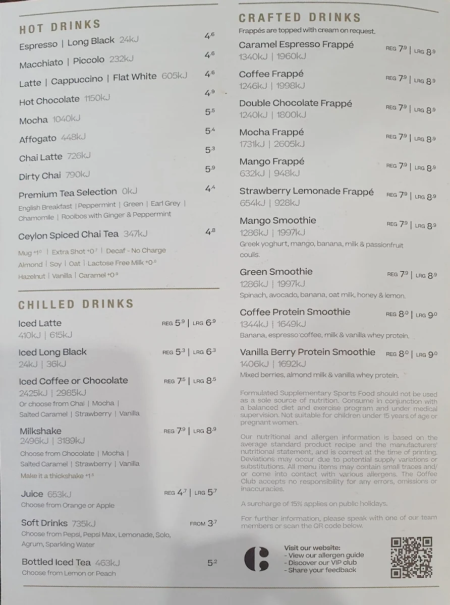 Menu, The Coffee Club - Centro Nepean